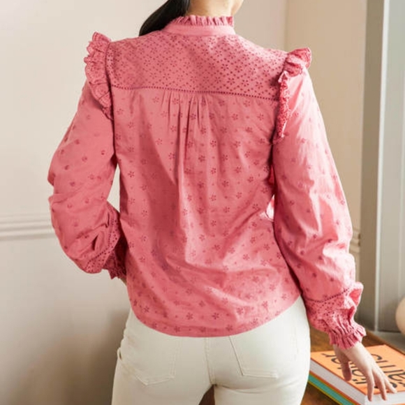 Boden Iris Broderie Ruffle Blouse in Dusty Red - Picture 2 of 11